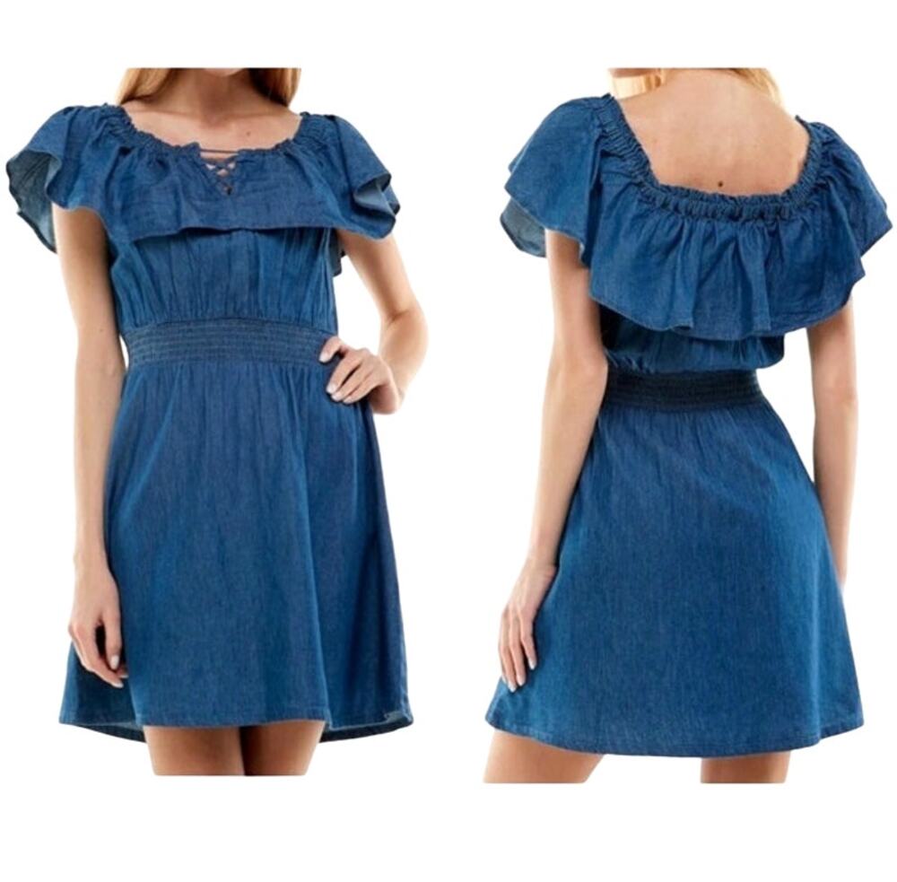 Rosie Harlow Junior Smocked Off-The-Shoulder Fit & Flare Dress Denim Day Blue XL